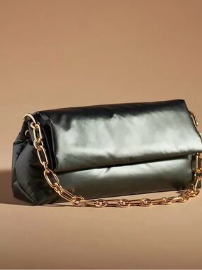 Anthropologie Green Metallic Puff Shoulder Bag Gold Chain Strap NEW